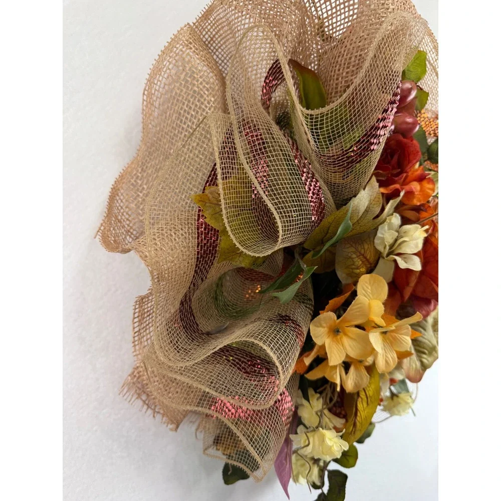 Handmade Fall Floral Wreath Orange Rose Burlap Deco Mesh Autumn Front Door Decor